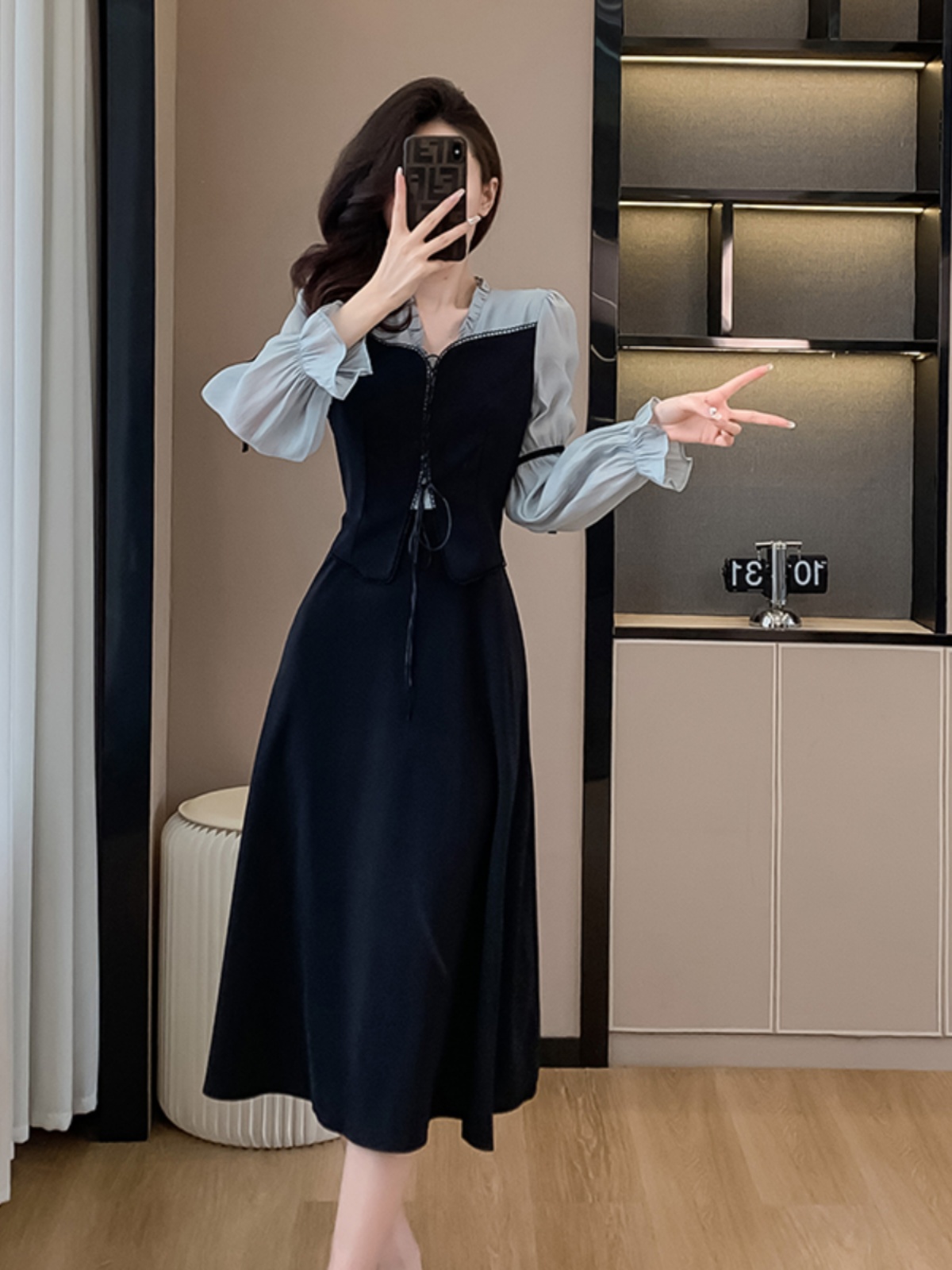 Mã B989: Đầm trà tay phồng cổ điển Pháp Hepburn khí chất thanh lịch cao cấp