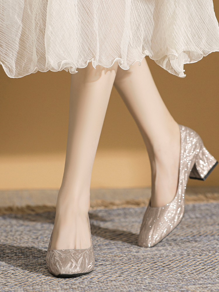 OE427: Giày cưới cỡ lớn đính sequin kiểu Pháp đầu vuông giày cao gót nữ