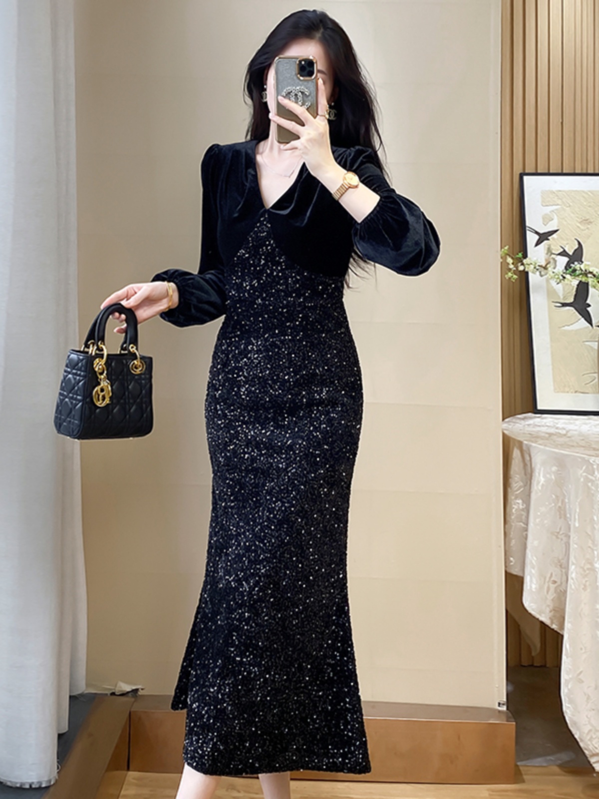 OE889: Váy dài sequin ôm vừa vặn mùa xuân và mùa thu váy dạ hội cao cấp váy dài tôn dáng