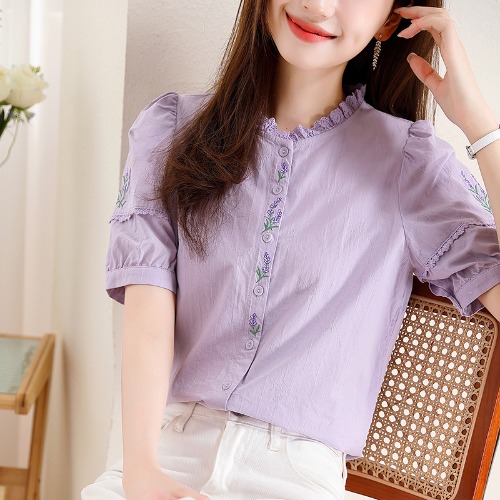 OD036: áo sơ mi nữ cotton phối ren tay ngắn