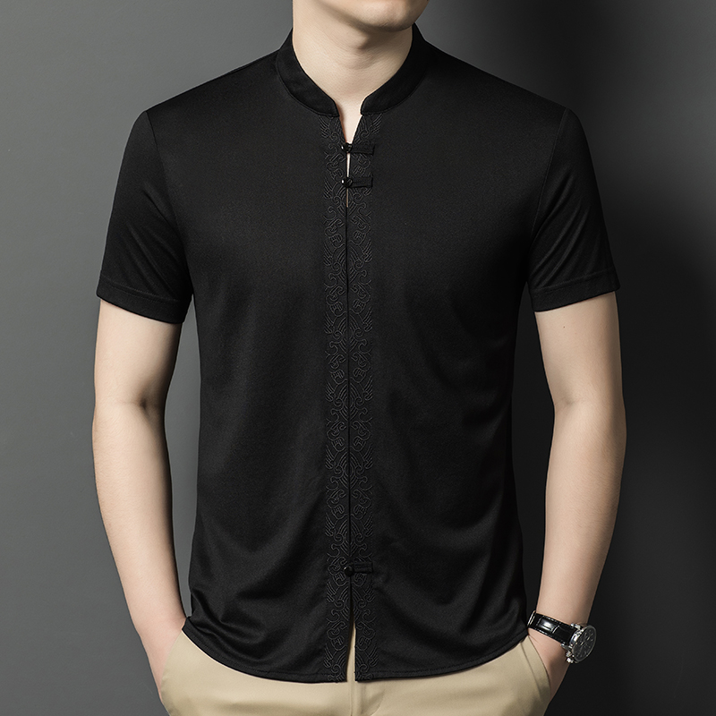 OE839: Áo thun nam tay ngắn cổ đứng phong cách Trung Hoa cao cấp