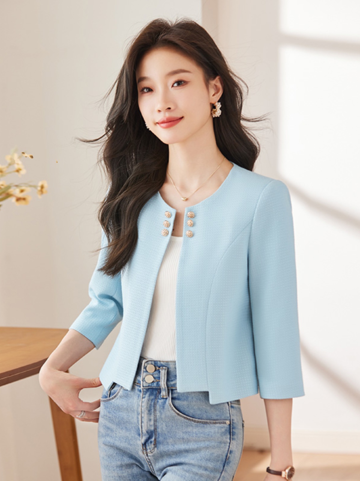 OE416: Áo khoác nữ nhỏ tay ngắn ba phần tư phong cách thời trang cho nữ