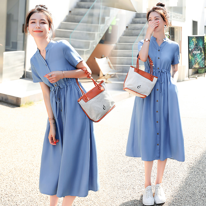 OD648: Váy sơ mi denim Tencel nữ dáng dài quá gối đai eo