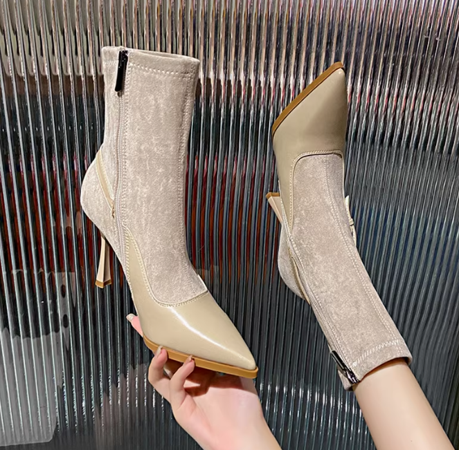 C233: Giày bốt boot nữ cao gót mũi nhọn thời trang da bóng có khóa kéo
