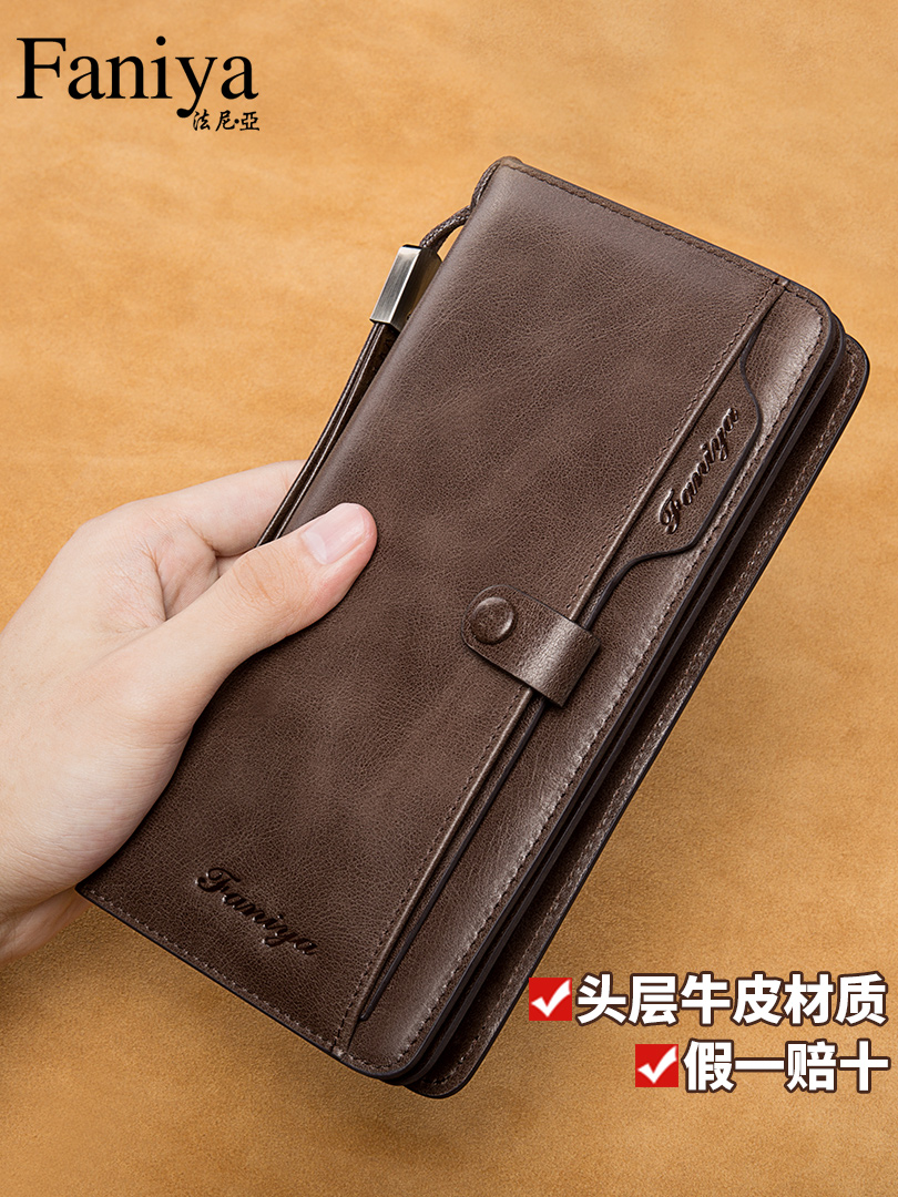 OE501: Ví nam SPNN dài khóa kéo bằng da thật đa chức năng da bò túi xách ví nam SPNN