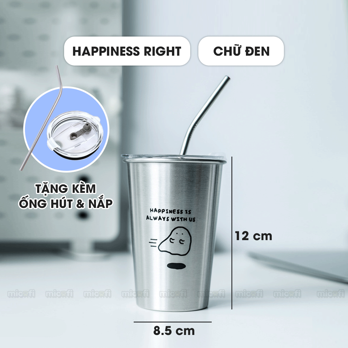 Cốc Inox Micofi, Ly Inox, Ly Giữ Nhiệt Đựng Nước 304 Cao Cấp, Cốc Giữ Nhiệt Uống Cà Phê 300ML Uống Nước Có Quai 2 Lớp