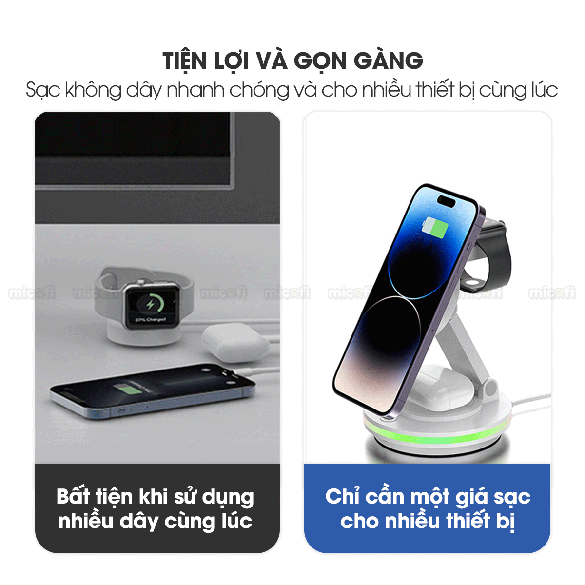 Sạc Không Dây Micofi Iphone Nhanh, Đế Sạc 4 In 1 Tai Nghe Bluetooth Airpod Điện Thoại Đồng Hồ, Trạm Magsafe Có Đèn LED