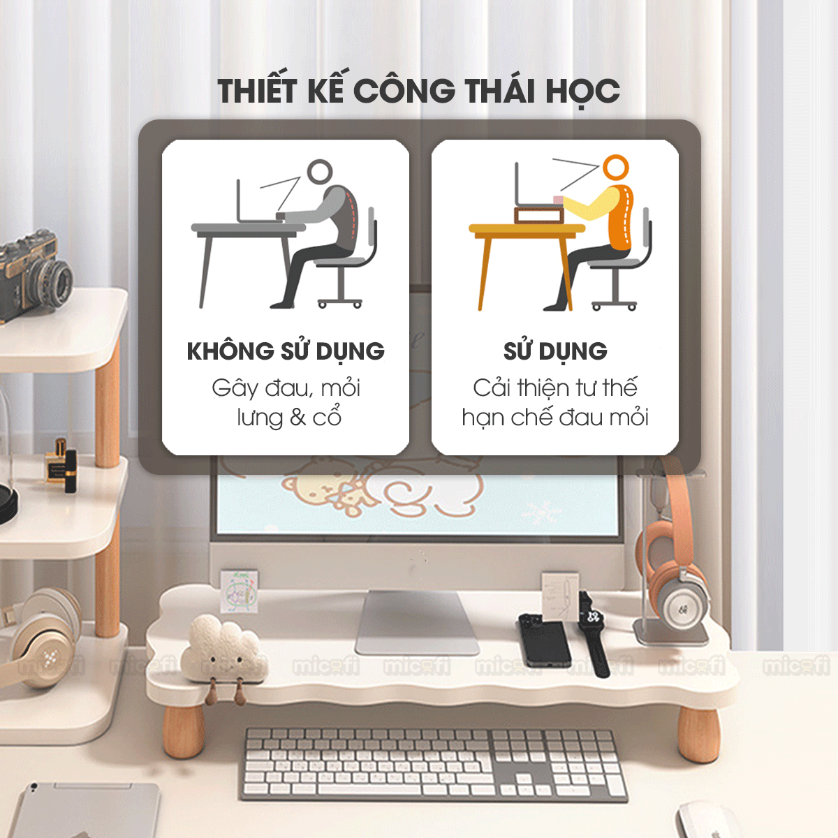 Kệ Màn Hình Micofi, Bàn Để Máy Vi Tính Kê Màn Hình PC Bằng Gỗ Decor, Bàn Kê Laptop Nâng Máy Tính Giá Đỡ Kệ Trắng 60 Cm