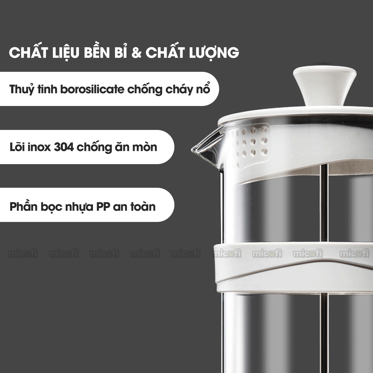 Bình Nước Pha Trà Micofi Giữ Nhiệt, Ấm Pha Trà Cà Phê Thuỷ Tinh, Bình Nước Hãm Cafe Có Lõi Lọc 2 Lớp Dung Tích 1 Lít