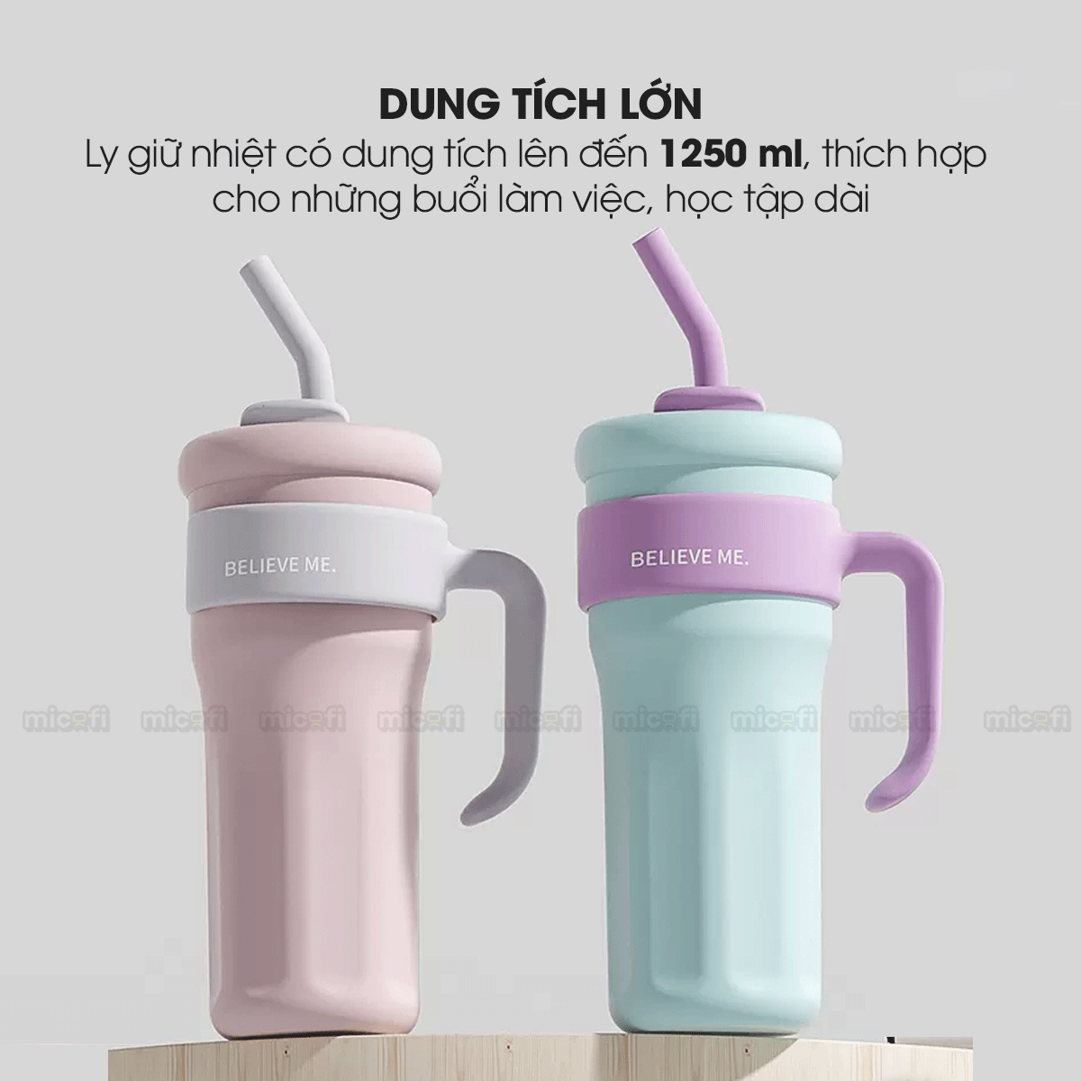 Ly Nước Micofi Giữ Nhiệt Inox 316 Có Nắp, Bình Giữ Nhiệt Cao Cấp Nóng Lạnh 1250ML Hai Lớp Có Ống Hút Tay Cầm Chống Tràn