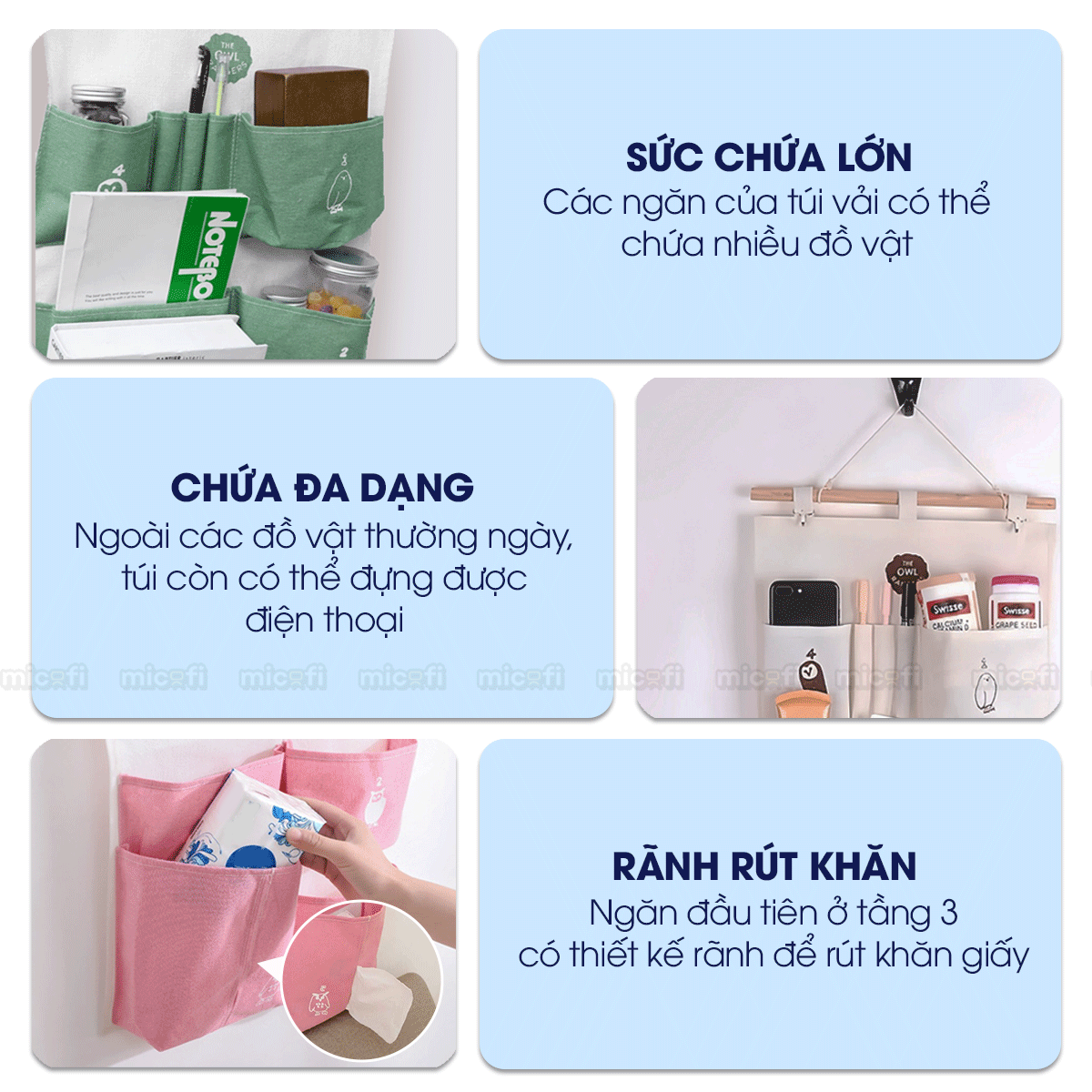Túi Vải Đựng Đồ Treo Tường Micofi, Túi Treo Đựng Đồ Đa Năng Nhiều Ngăn Vải Lanh Cotton Hoạ Tiết Treo Cửa