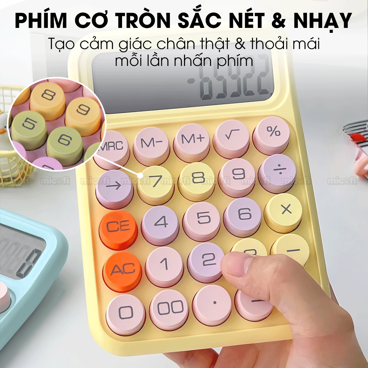 Máy Tính Cầm Tay Micofi Phím Cơ, Máy Tính Cầm Tay Mini Màu Pastel Cute Bấm Tay Điện Tử Bỏ Túi 12 Số Tính Toán Tặng Pin