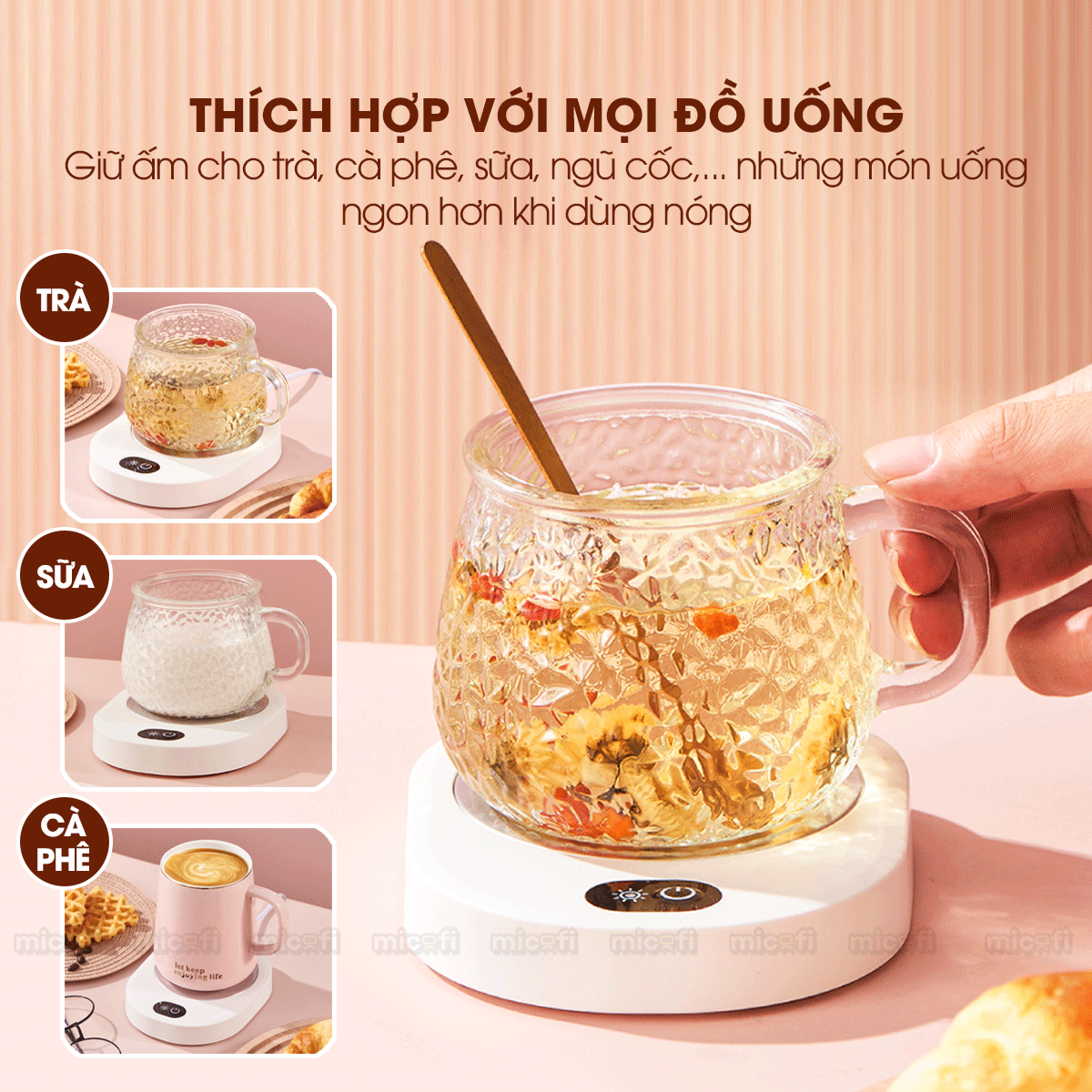 Đế Giữ Nhiệt Đồ Uống Micofi, Đế Để Ly, Khay Giữ Nhiệt Lót Đựng Ly Mini Làm Ấm Cốc Đựng Nước Cà Phê, Sữa, Trà 55 Độ C