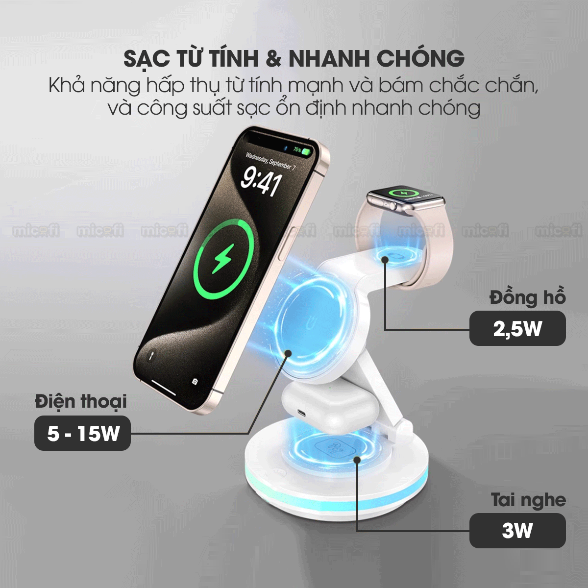 Sạc Không Dây Micofi Iphone Nhanh, Đế Sạc 4 In 1 Tai Nghe Bluetooth Airpod Điện Thoại Đồng Hồ, Trạm Magsafe Có Đèn LED