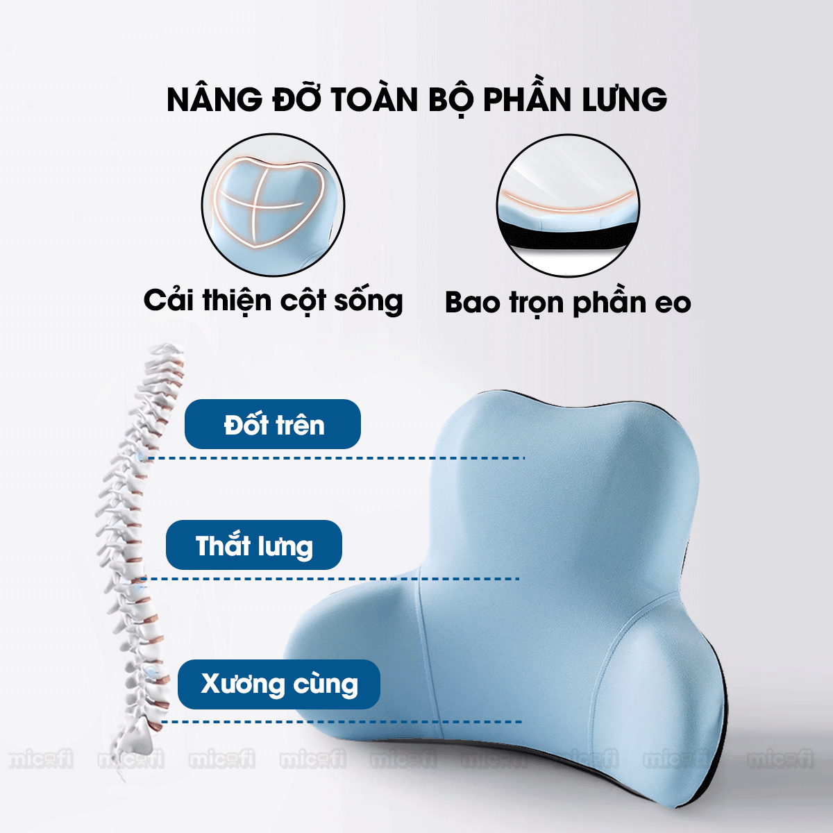 Gối Tựa Lưng Micofi Ghế Văn Phòng, Đệm Lót Ghế Ô Tô, Đệm Kê Thoát Vị Đĩa Đệm Công Thái Học Chống Đau Mỏi Lưng Thoáng Khí
