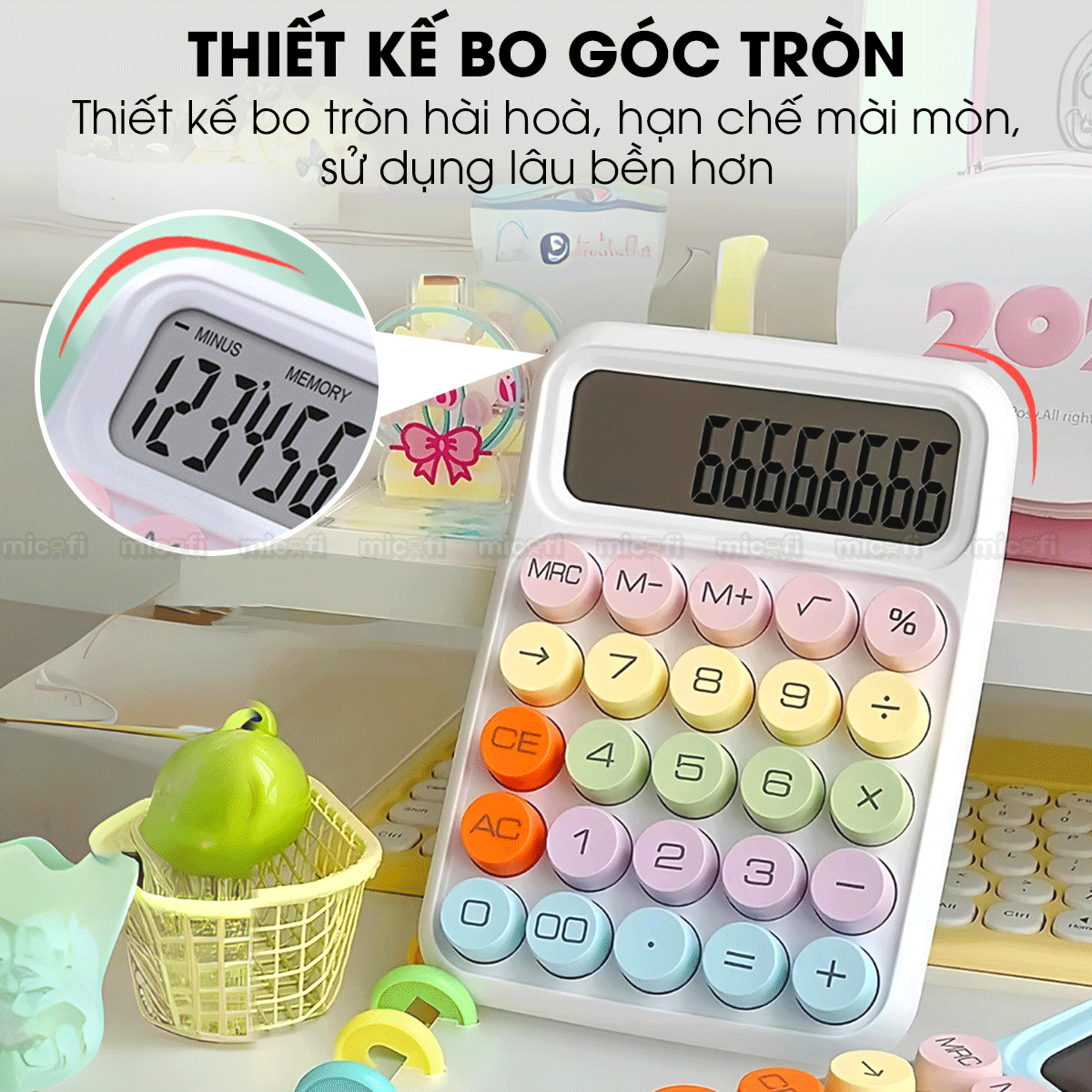 Máy Tính Cầm Tay Micofi Phím Cơ, Máy Tính Cầm Tay Mini Màu Pastel Cute Bấm Tay Điện Tử Bỏ Túi 12 Số Tính Toán Tặng Pin