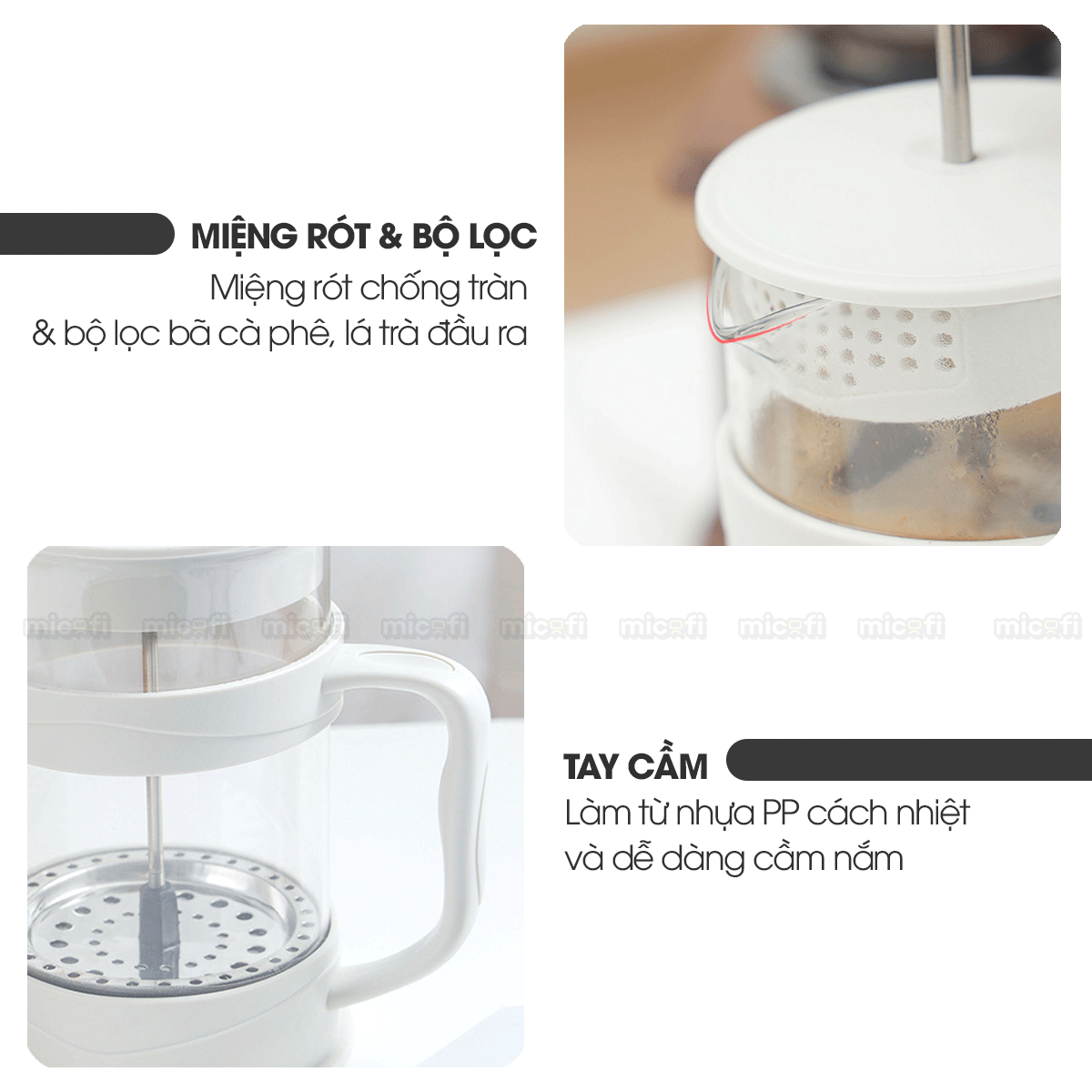Bình Nước Pha Trà Micofi Giữ Nhiệt, Ấm Pha Trà Cà Phê Thuỷ Tinh, Bình Nước Hãm Cafe Có Lõi Lọc 2 Lớp Dung Tích 1 Lít