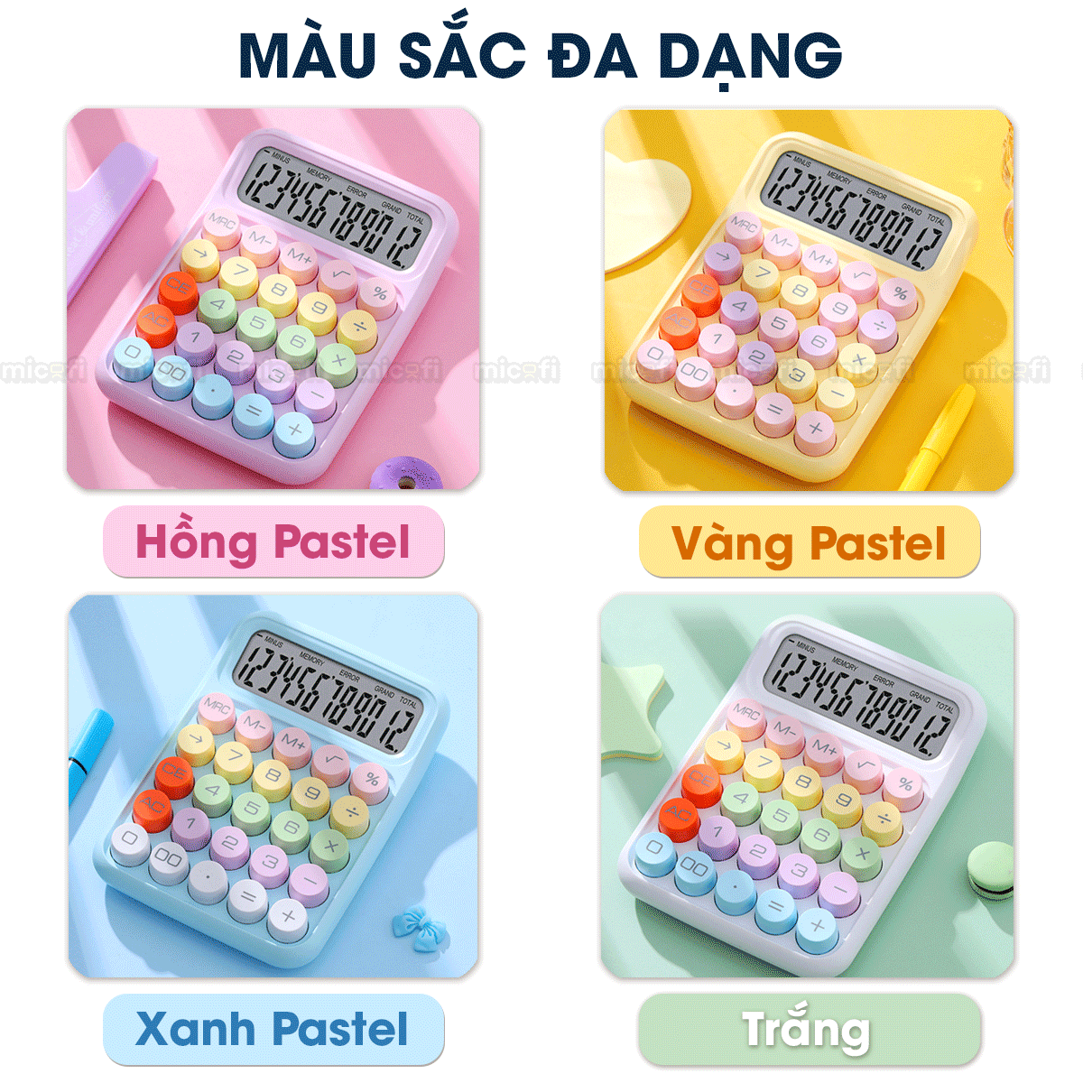 Máy Tính Cầm Tay Micofi Phím Cơ, Máy Tính Cầm Tay Mini Màu Pastel Cute Bấm Tay Điện Tử Bỏ Túi 12 Số Tính Toán Tặng Pin