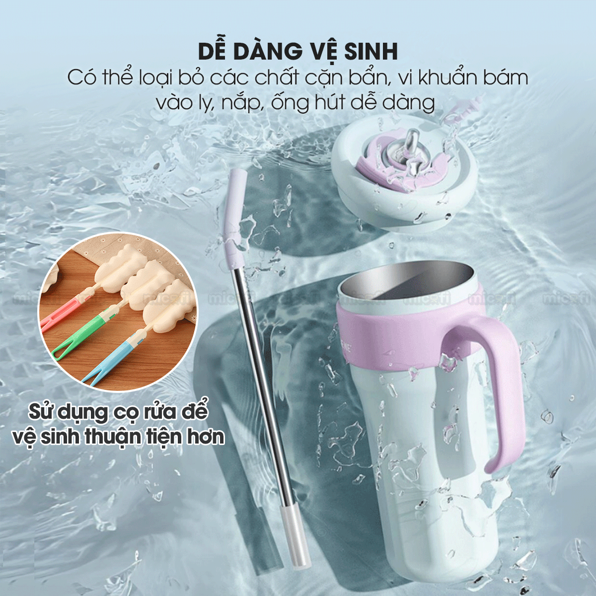 Ly Nước Micofi Giữ Nhiệt Inox 316 Có Nắp, Bình Giữ Nhiệt Cao Cấp Nóng Lạnh 1250ML Hai Lớp Có Ống Hút Tay Cầm Chống Tràn