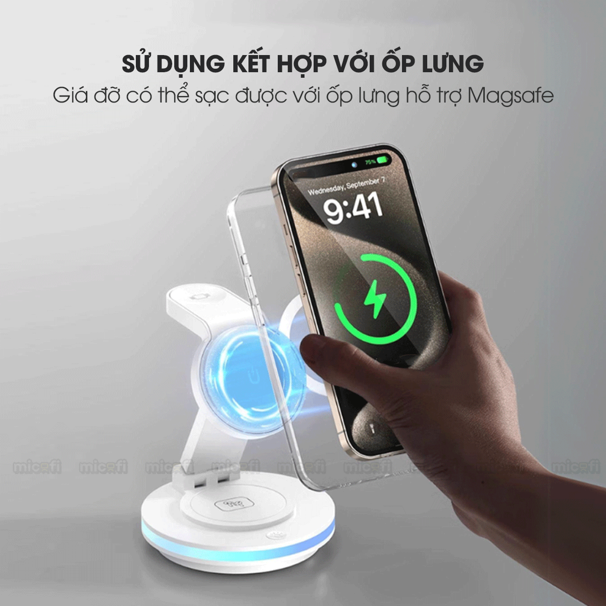 Sạc Không Dây Micofi Iphone Nhanh, Đế Sạc 4 In 1 Tai Nghe Bluetooth Airpod Điện Thoại Đồng Hồ, Trạm Magsafe Có Đèn LED