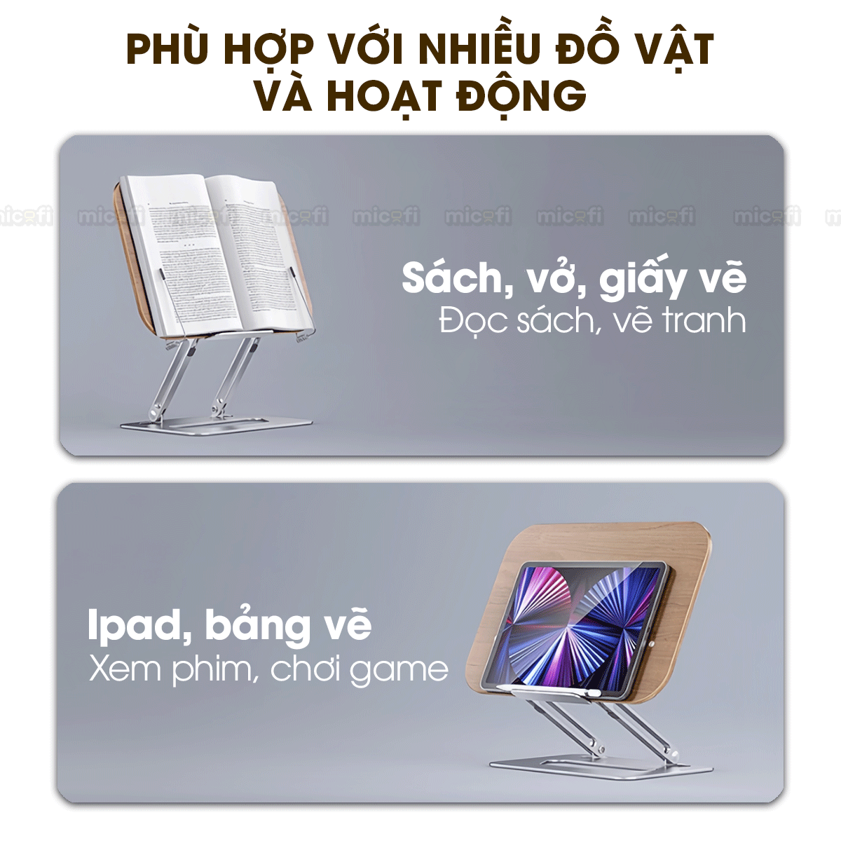 Giá Đỡ Sách Micofi, Giá Kê Sách Đế Xoay 360 Độ, Đỡ Điện Thoại, Ipad, Bảng Vẽ Có Kẹp Sách Bằng Gỗ, Hợp Kim Nhôm