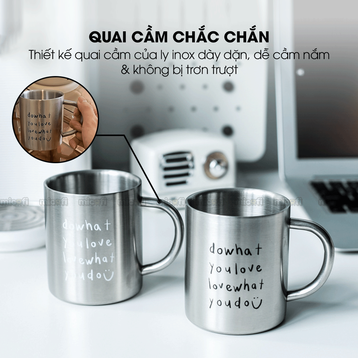 Cốc Inox Micofi, Ly Inox, Ly Giữ Nhiệt Đựng Nước 304 Cao Cấp, Cốc Giữ Nhiệt Uống Cà Phê 300ML Uống Nước Có Quai 2 Lớp