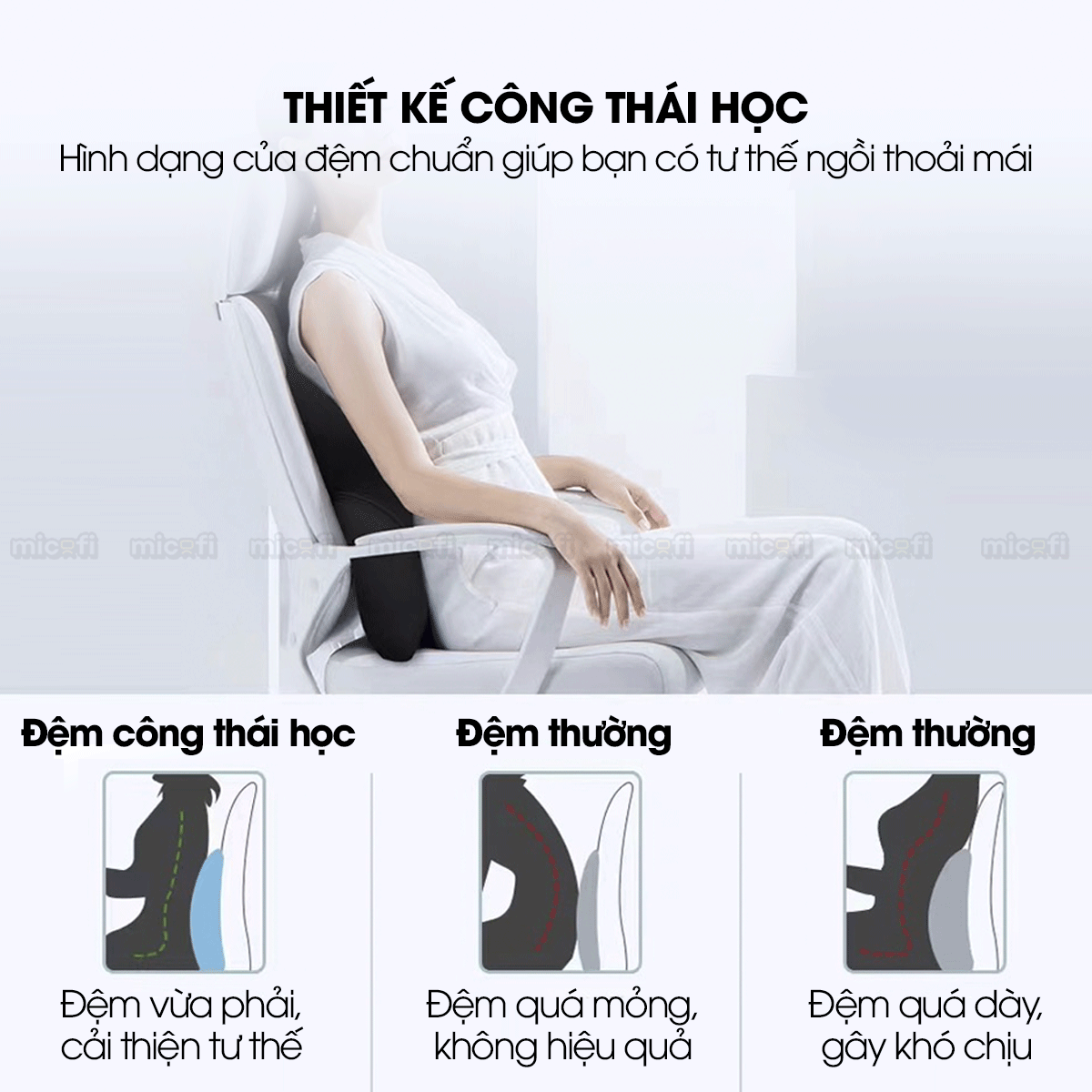 Gối Tựa Lưng Micofi Ghế Văn Phòng, Đệm Lót Ghế Ô Tô, Đệm Kê Thoát Vị Đĩa Đệm Công Thái Học Chống Đau Mỏi Lưng Thoáng Khí