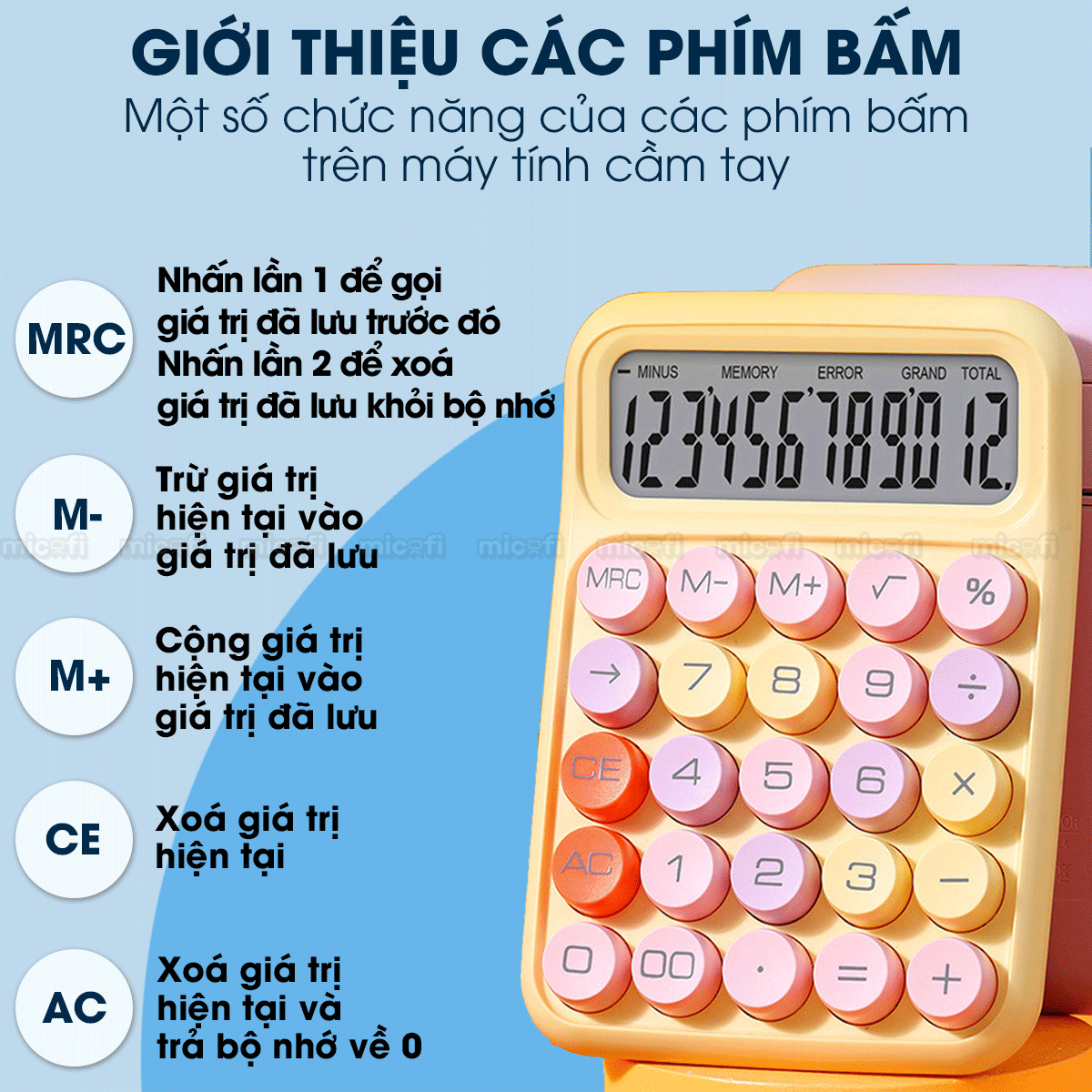 Máy Tính Cầm Tay Micofi Phím Cơ, Máy Tính Cầm Tay Mini Màu Pastel Cute Bấm Tay Điện Tử Bỏ Túi 12 Số Tính Toán Tặng Pin