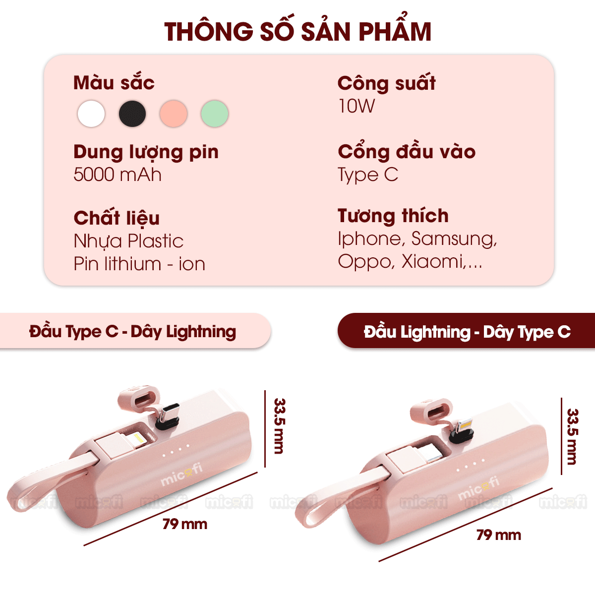 Sạc Dự Phòng Micofi, Pin Dự Phòng Mini Sạc Điện Thoại Samsung Iphone 5000mAh Nhanh Nhỏ Gọn Lightning Type C