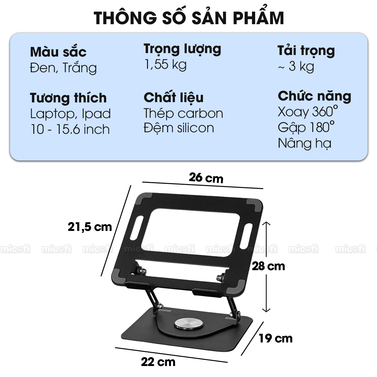 Giá Đỡ Laptop Ipad Micofi, Kê Laptop Máy Tính Xoay 360 Độ 15.6 Inch, Giá Để Ipad Macbook Tản Nhiệt Gấp Gọn