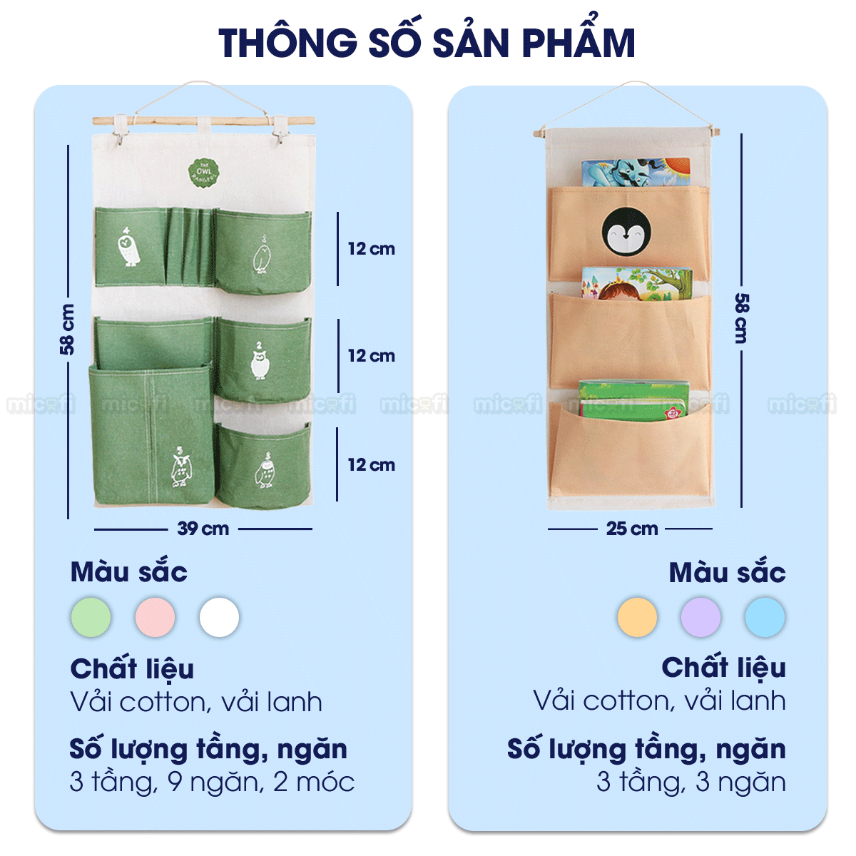 Túi Vải Đựng Đồ Treo Tường Micofi, Túi Treo Đựng Đồ Đa Năng Nhiều Ngăn Vải Lanh Cotton Hoạ Tiết Treo Cửa