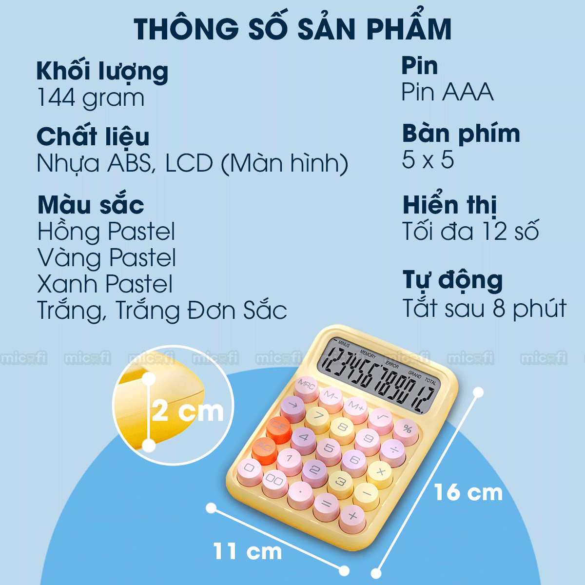 Máy Tính Cầm Tay Micofi Phím Cơ, Máy Tính Cầm Tay Mini Màu Pastel Cute Bấm Tay Điện Tử Bỏ Túi 12 Số Tính Toán Tặng Pin