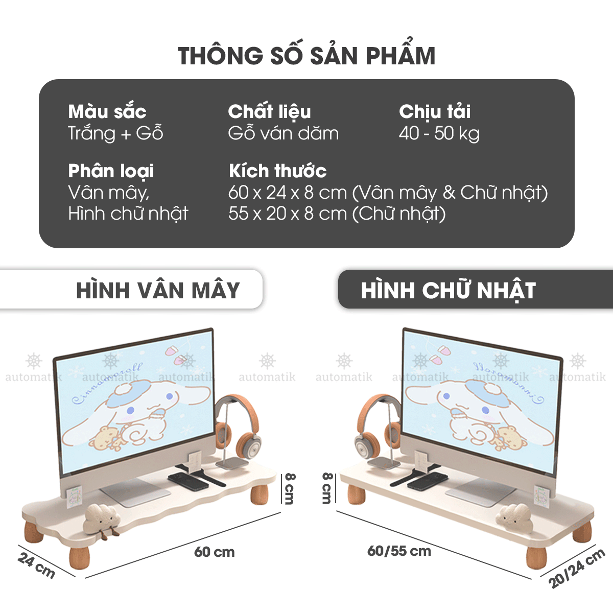 Kệ Màn Hình Micofi, Bàn Để Máy Vi Tính Kê Màn Hình PC Bằng Gỗ Decor, Bàn Kê Laptop Nâng Máy Tính Giá Đỡ Kệ Trắng 60 Cm
