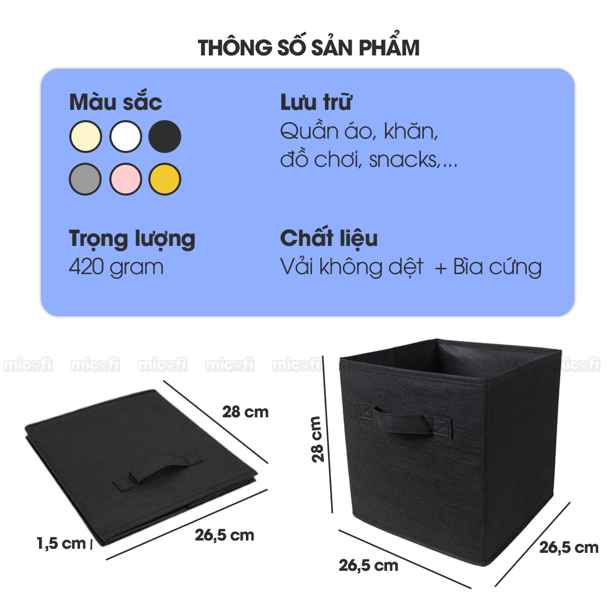 Hộp Đựng Đồ Micofi, Hộp Vải Đựng Đồ Chơi Đa Năng, Giỏ Để Cá Nhân, Thùng Vải Để Tài Liệu Có Tay Cầm Xếp Gọn