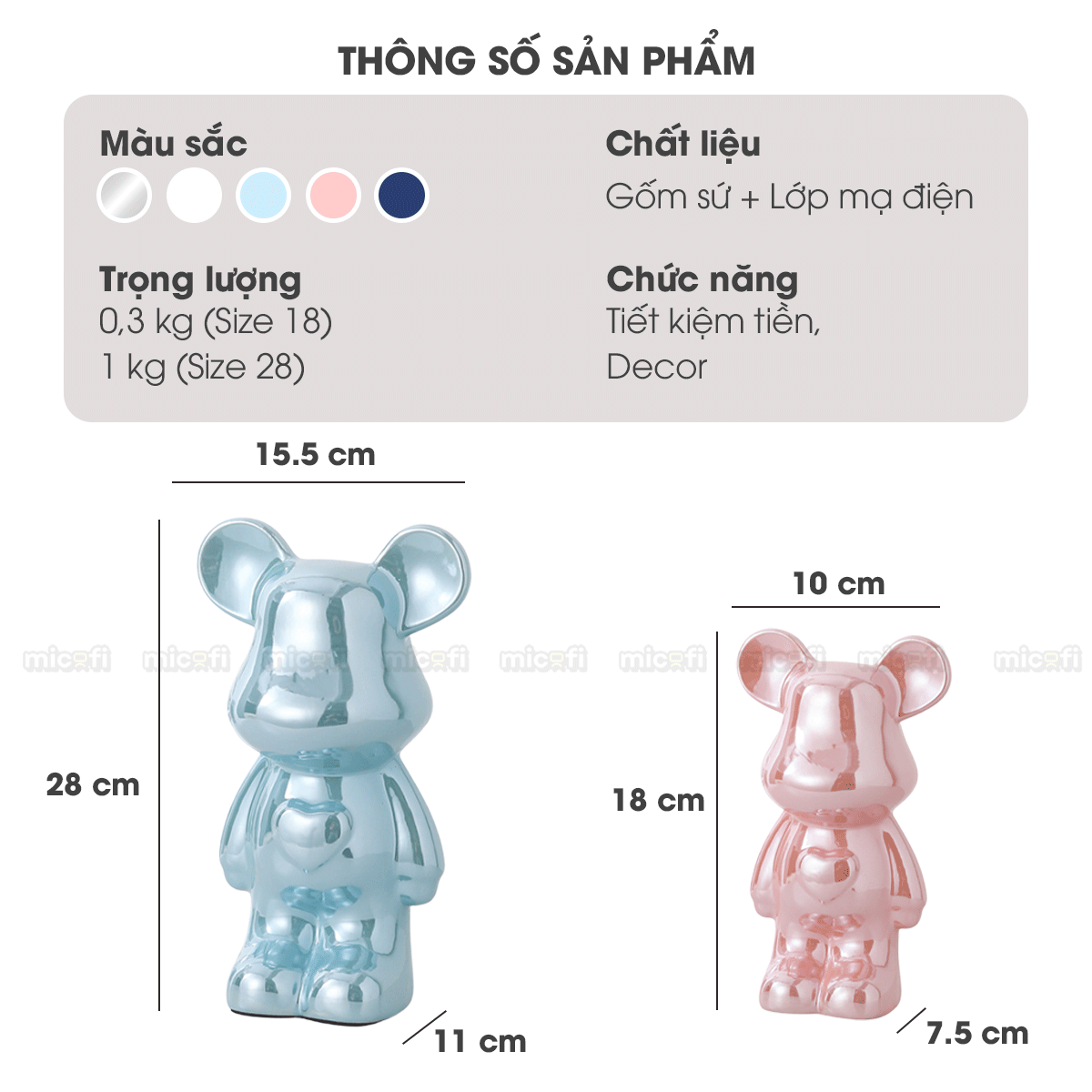 Ống Heo Tiết Kiệm Micofi Gấu Bearbrick, Ống Heo Sứ Trang Trí Mô Hình Bearbrick Decor Trưng Bày, Tượng Đút Tiền Gấu 28CM