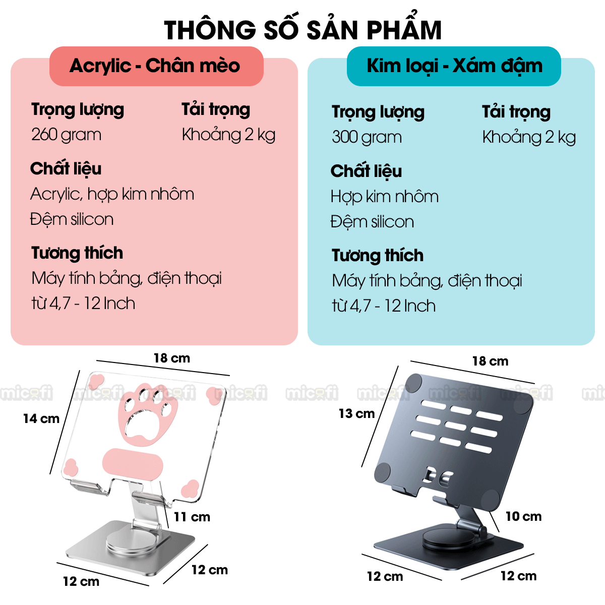 Giá Đỡ Ipad Micofi, Kê Điện Thoại, Giá Đỡ Máy Tính Bảng Xoay 360 Độ, Kệ Ipad Tản Nhiệt Tablet Acrylic Kim Loại
