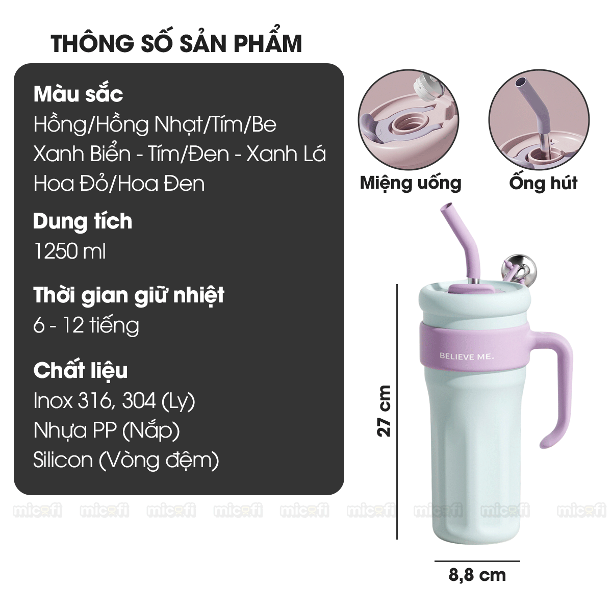 Ly Nước Micofi Giữ Nhiệt Inox 316 Có Nắp, Bình Giữ Nhiệt Cao Cấp Nóng Lạnh 1250ML Hai Lớp Có Ống Hút Tay Cầm Chống Tràn