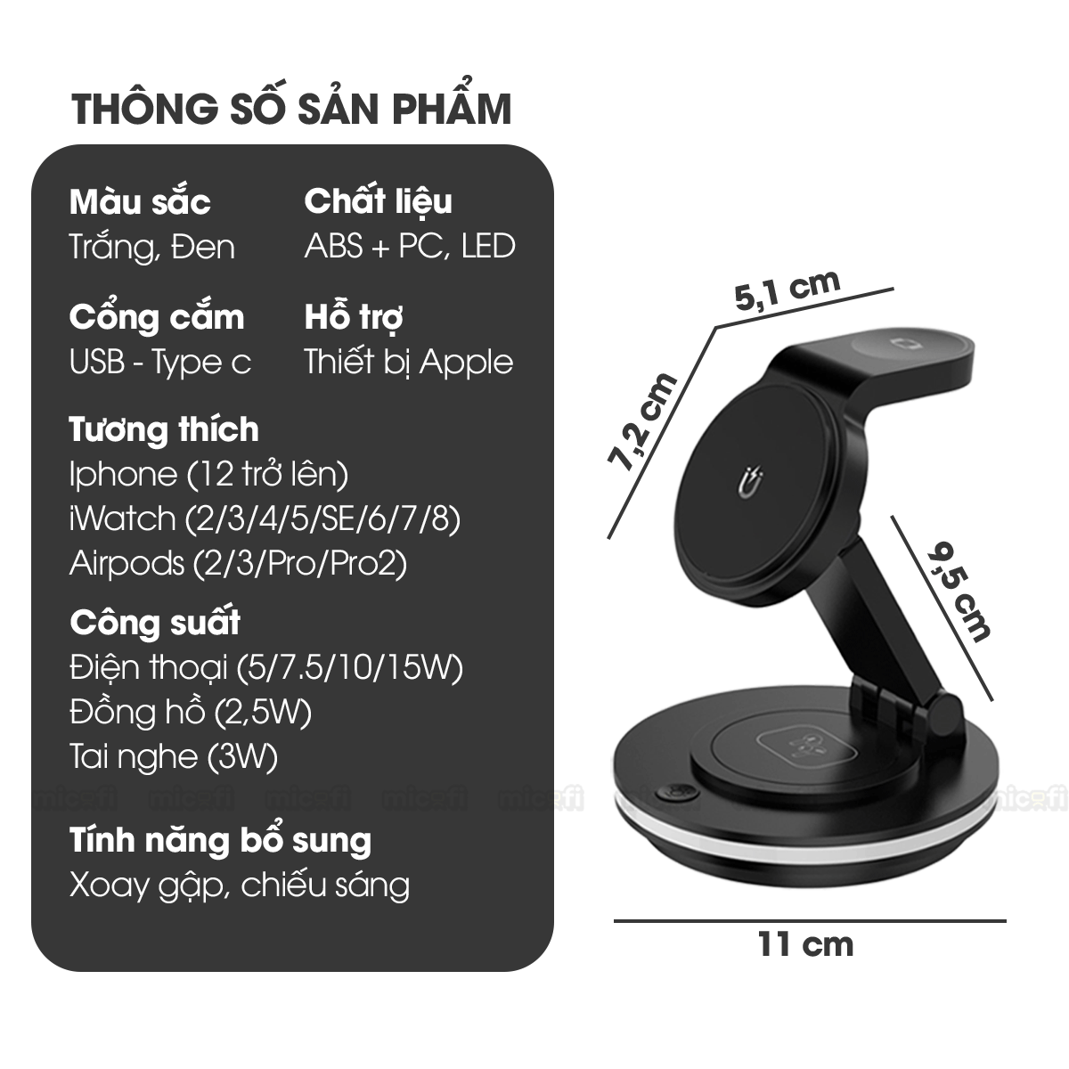 Sạc Không Dây Micofi Iphone Nhanh, Đế Sạc 4 In 1 Tai Nghe Bluetooth Airpod Điện Thoại Đồng Hồ, Trạm Magsafe Có Đèn LED