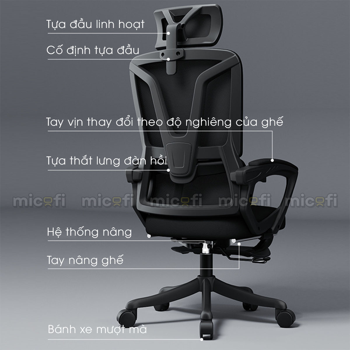 Ghế Công Thái Học Micofi Có Tựa Lưng, Tựa Đầu, Ngả Lưng 135 Độ