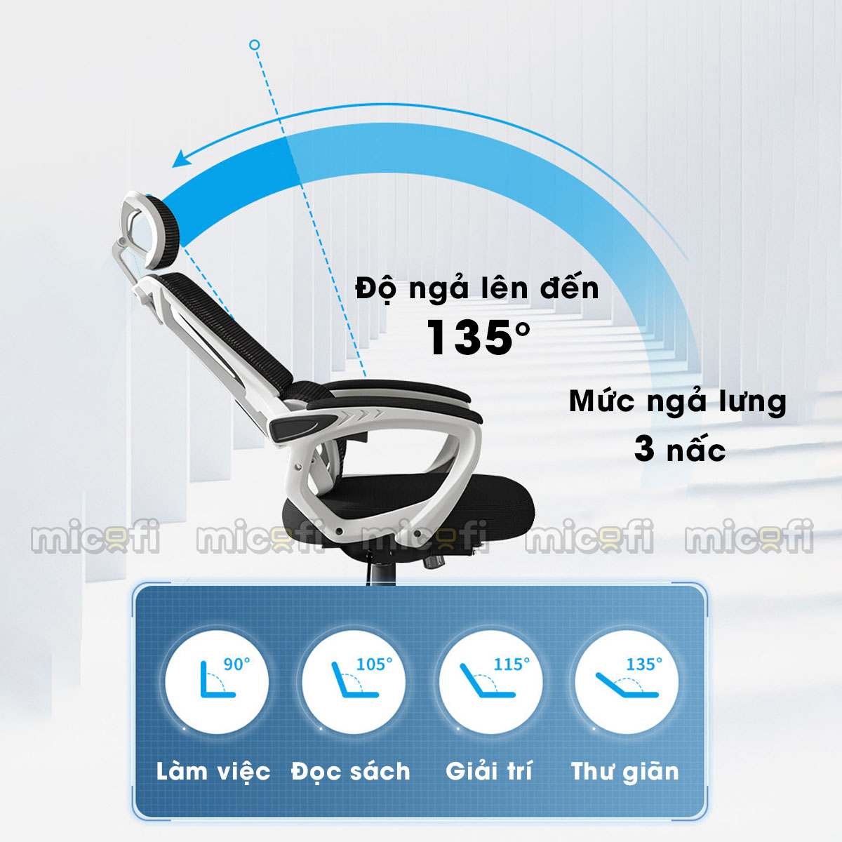Ghế Công Thái Học Micofi Có Tựa Lưng, Tựa Đầu, Ngả Lưng 135 Độ