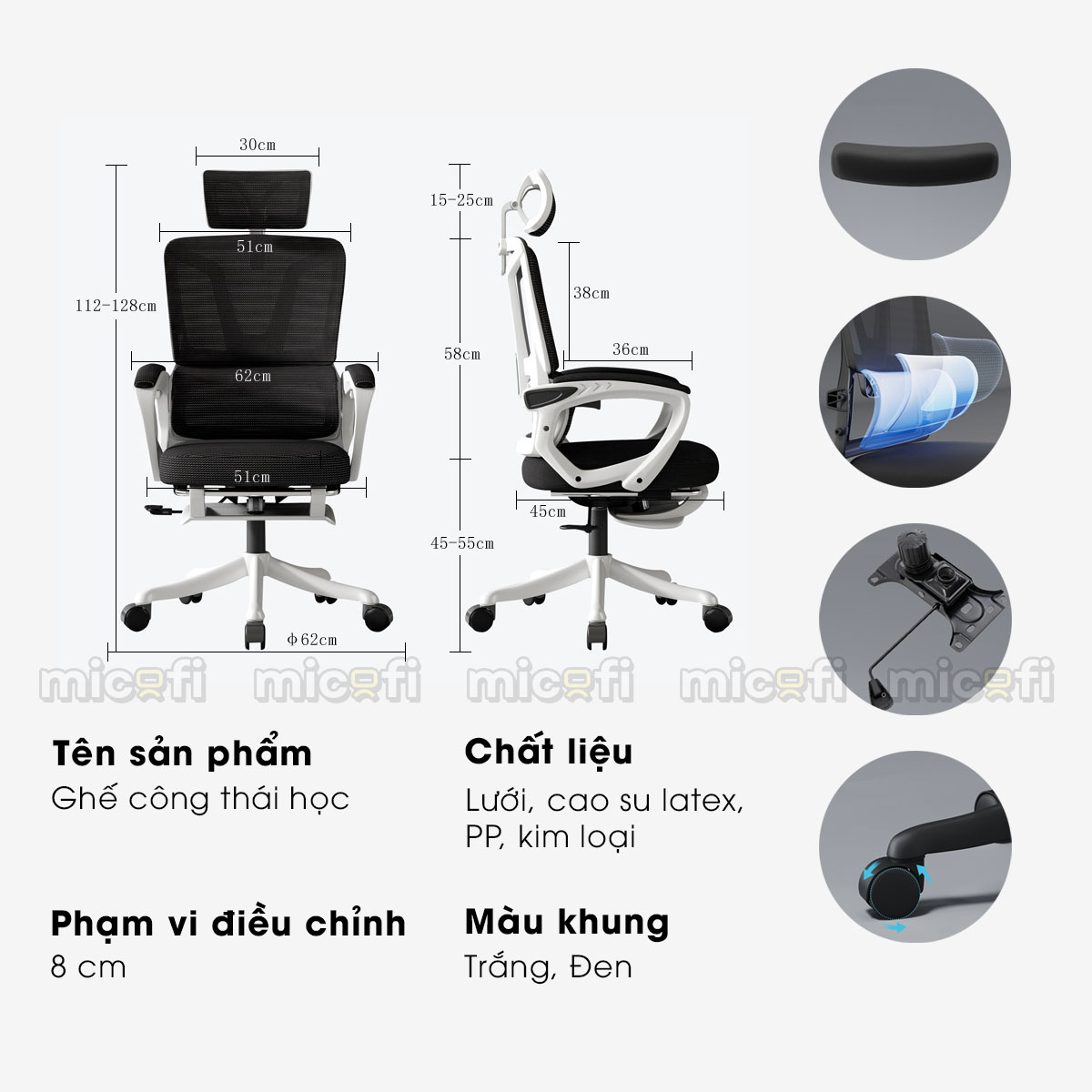 Ghế Công Thái Học Micofi Có Tựa Lưng, Tựa Đầu, Ngả Lưng 135 Độ