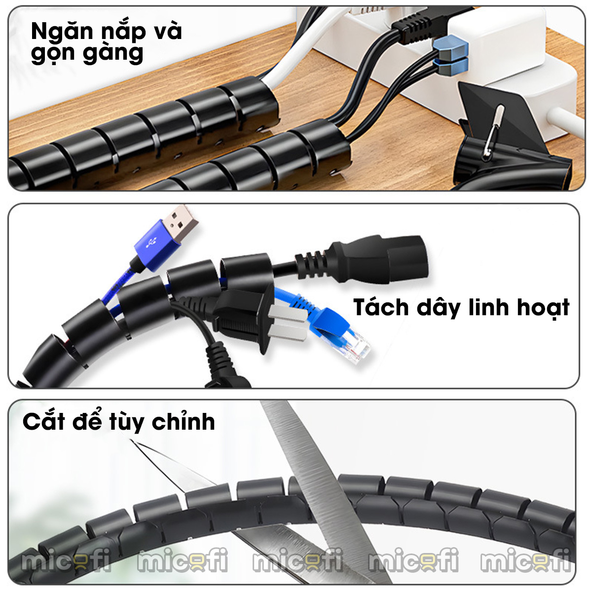 Ống Đi Dây Điện Micofi Cố Định Nẹp Luồn Dây Vỏ Bọc Dây Cáp 1,5 M Kèm Kẹp