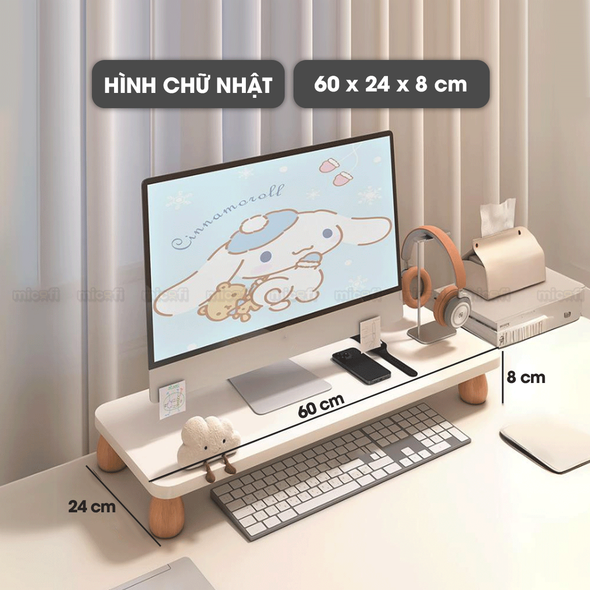 Kệ Màn Hình Micofi, Bàn Để Máy Vi Tính Kê Màn Hình PC Bằng Gỗ Decor, Bàn Kê Laptop Nâng Máy Tính Giá Đỡ Kệ Trắng 60 Cm