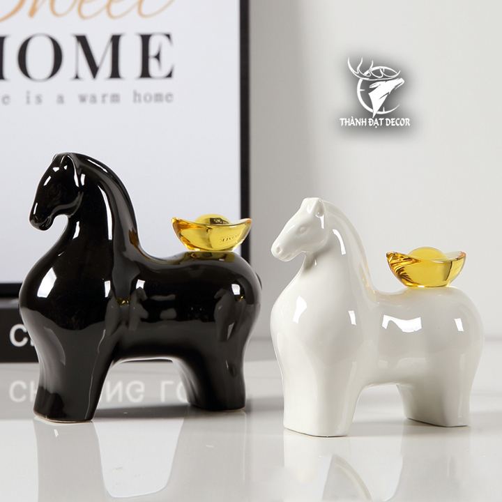 Cặp Tượng Ngựa Đen Trắng Bằng Gốm Sứ Tráng Men, Quà Tặng Decor Tân Gia Khai Trương, Sinh Nhật