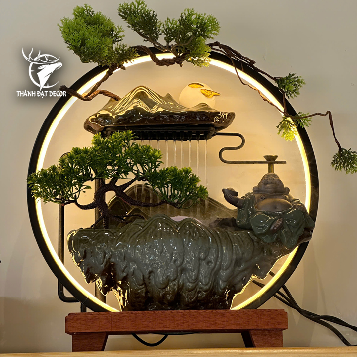 Thác Nước Phong Thủy Di Lặc Gốm Sứ Có Đèn, Tạo Sương, Đốt Trầm, decor Tặng Tân Gia Khai Trương Spa