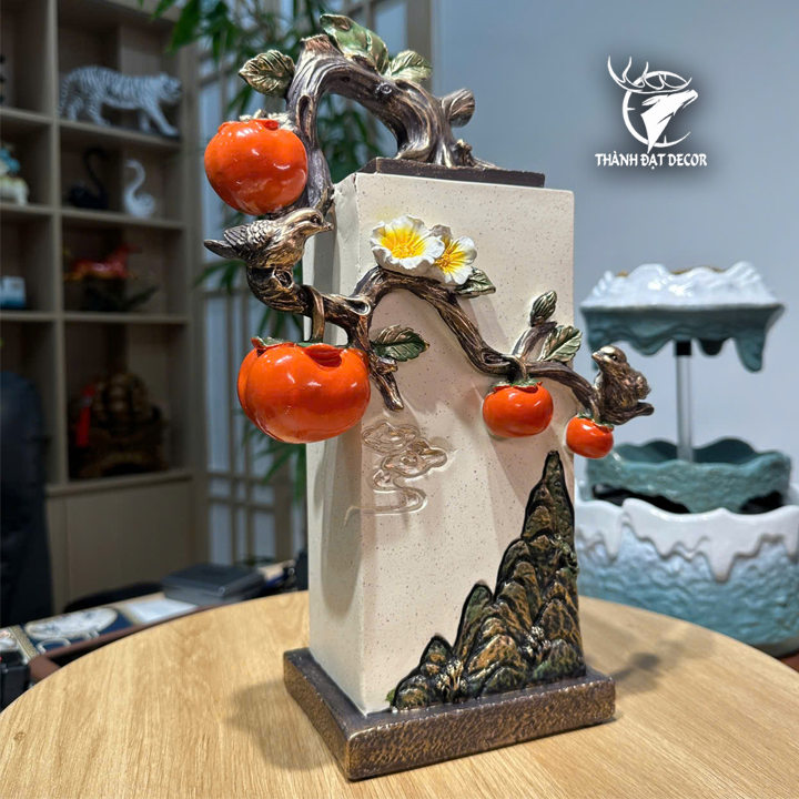 Tượng Cành Hồng Phong Thủy Bám Trụ Đá 21x12x32cm, Quà Tặng Tân Gia Khai Trương Sinh Nhật, Decor Nhà