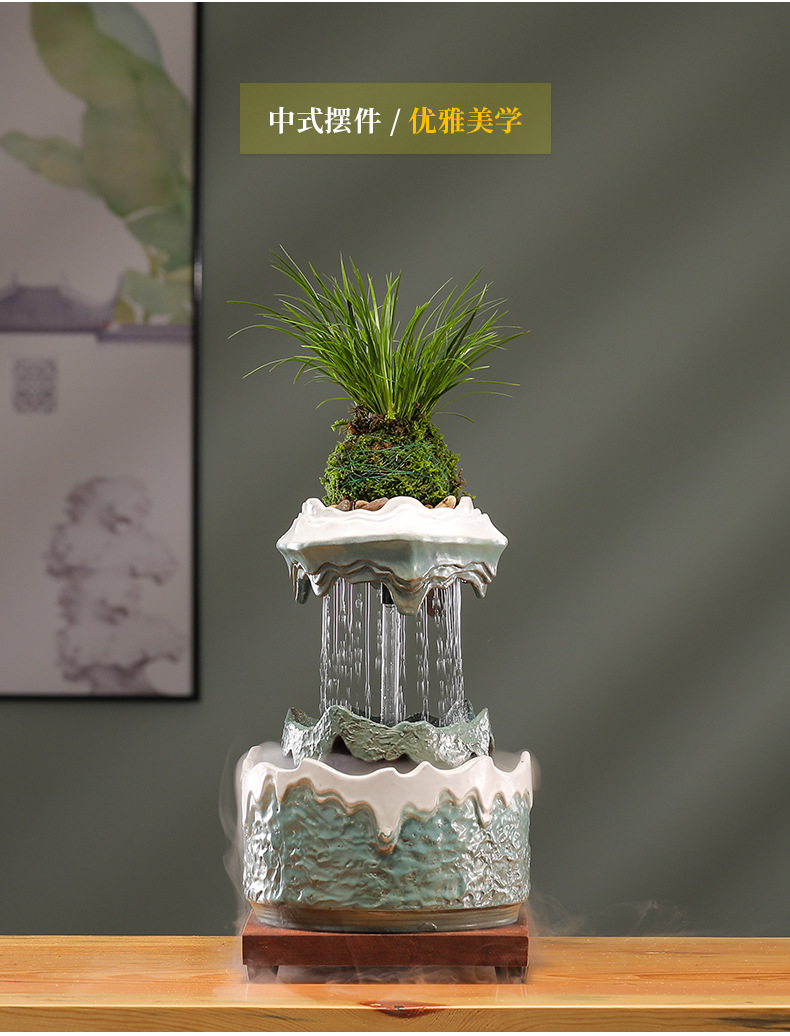 Thác Nước Mini Phong Thủy Gốm Sứ Có Cây Thật Tạo Sương Decor Phòng Khách quà tặng tân gia khai trương