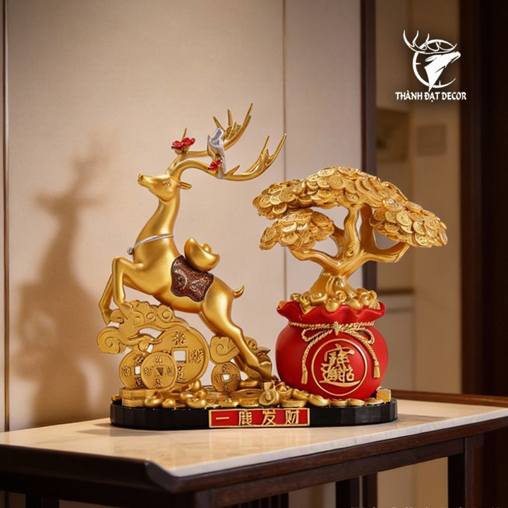 Tượng Hươu Kéo Túi Tài Lộc 29x11x26cm – Trang Trí Sang Trọng, Biểu Tượng May Mắn Và Thành Công