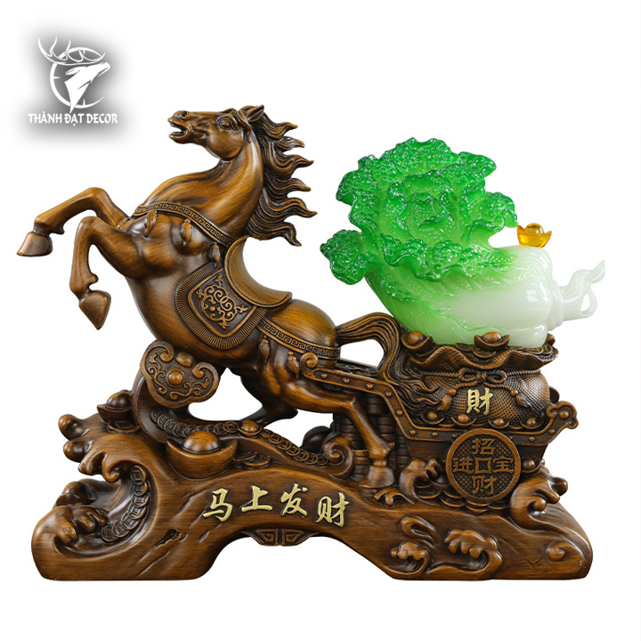 Tượng Ngựa Màu Gỗ kéo bắp cải phong thủy 33x11x26cm, Quà Tặng Decor Tân Gia Khai Trương Sinh Nhật