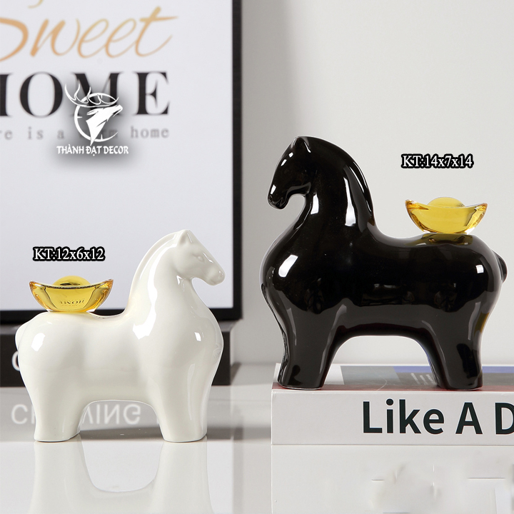 Cặp Tượng Ngựa Đen Trắng Bằng Gốm Sứ Tráng Men, Quà Tặng Decor Tân Gia Khai Trương, Sinh Nhật